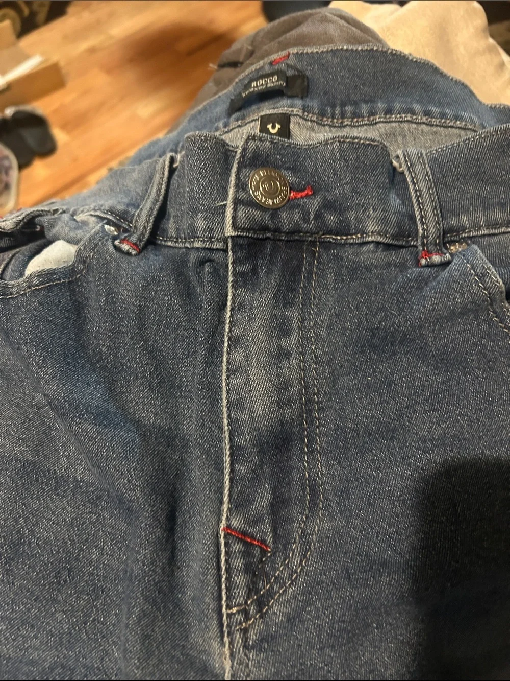 True Religion Men's Light Blue Slim Straight Jeans with Flap Back Pockets